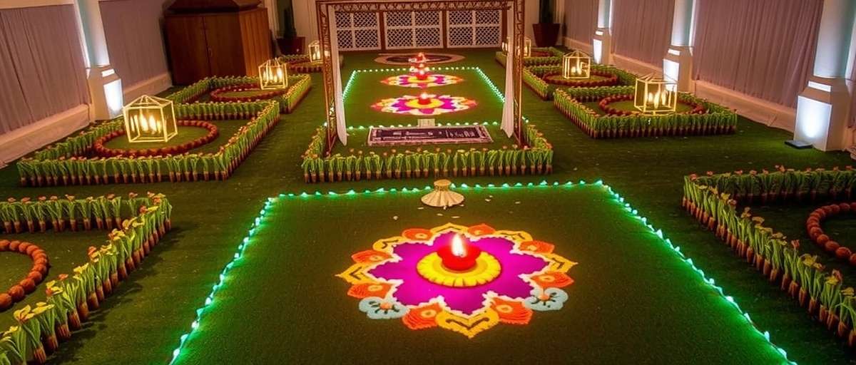 Rainfall Champion Diwali event showing decorated farms with lamps and rangoli